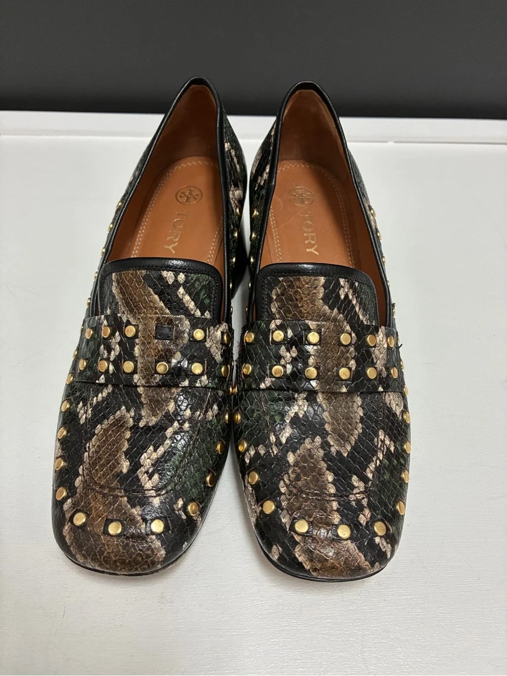 Tory Burch Leather Snake-Print Stud Block Heel Loafers